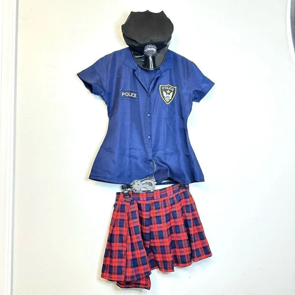 Halloween Costume Shirt Plaid Skirt Blue Red Police Officer Outfit Set Large